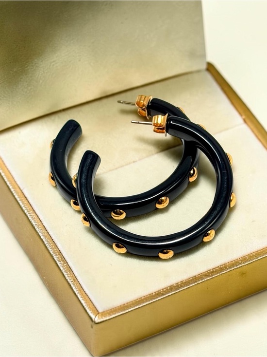 Coach Jewelry - Coach Black Lucite Gold Tone Studded Hoop Earrings 1.5” Logo
